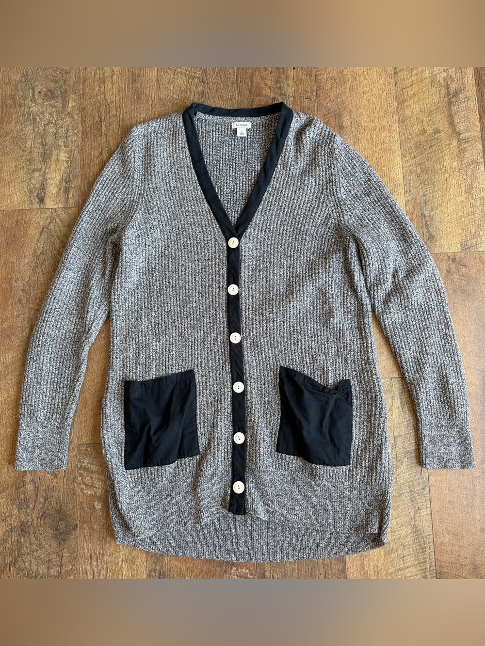 LL Bean Women’s Long Cardigan Button Up Sweater Pockets Ribbed Black Gray Large